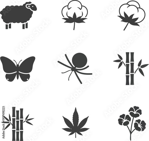 Natural fabric icons set wool cotton silk bamboo hemp linen floral icons for textile industry vector