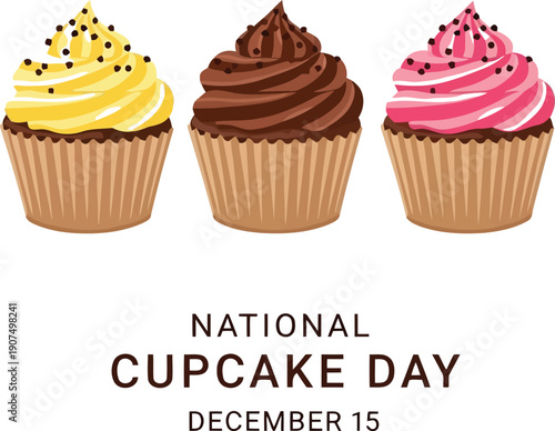 Three delicious cupcakes vanilla chocolate strawberry frosting sprinkles national cupcake day celebration vector