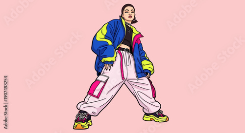 Modern young woman in vibrant urban street fashion, striking a confident pose