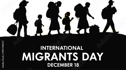 International migrants day silhouettes of families walking with luggage across a world map illustration vector