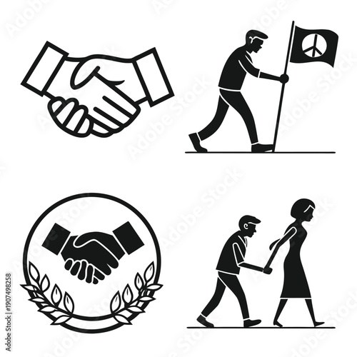 A collection of black and white icons representing peace agreement unity and collaboration between individuals high quality professional detailed