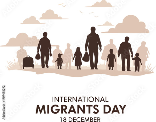 International migrants day diverse family silhouette walking towards hopeful horizon vector