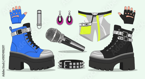 A vibrant collection of alternative fashion accessories, including platform boots, gloves, studded collar, microphone, and earrings, perfect for showcasing edgy and rebellious style elements