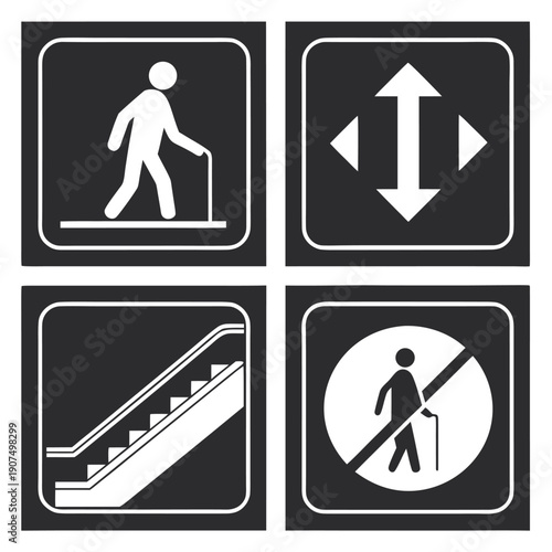 A collection of four black square signs depicting pedestrian movement directions stairs and prohibited access high quality professional detailed
