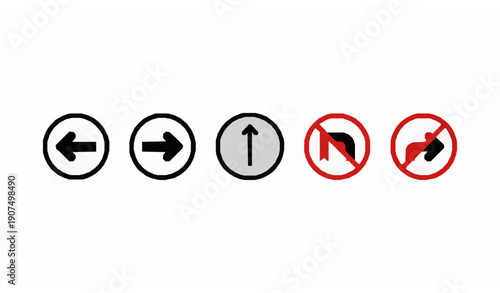 Minimal traffic direction and turn restriction icons in flat vector style isolated on white background for map navigation UI and transportation graphics