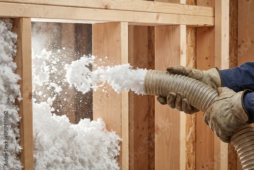 Worker blows insulation into wall cavity with a hose on a construction site