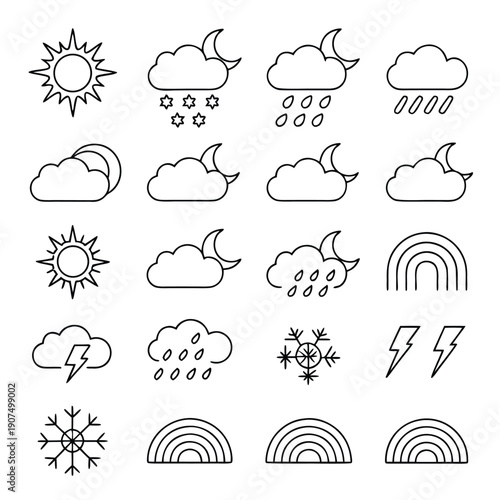 A collection of simple linear weather icons depicting sunshine clouds rain snow rainbows and nighttime conditions high quality professional