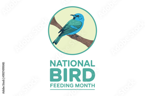 Blue bird perched on a branch in a circular frame for National Bird Feeding Month