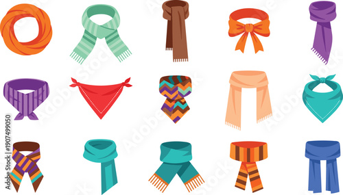Big vector set of various colorful winter and autumn scarves, neckerchiefs, and bandanas, isolated on white background for trendy seasonal fashion and apparel design.