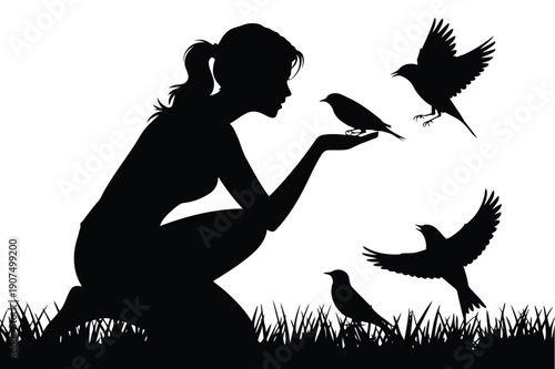 Silhouette of a woman kneeling feeding birds in a grassy field black and white