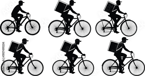 Black and White Vector Silhouette Set of Six Delivery Couriers on Bicycles with Thermal Backpacks for Food Logistics Transport Service and Professional E-commerce Branding Projects