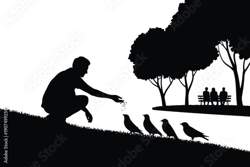 Silhouette of person feeding birds in a park with people sitting on a bench in the background 1