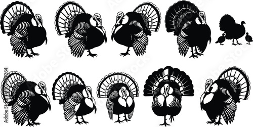 Black and White Vector Silhouette Set of Ten Turkeys in Various Poses for Thanksgiving Holiday Celebration Farm Animal Wildlife and Autumn Seasonal Branding Projects