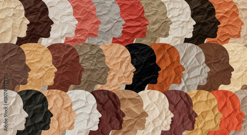 A textured display of human head profiles in varied skin tones, symbolizing global diversity, interconnectedness, and the rich tapestry of community across different backgrounds and identities