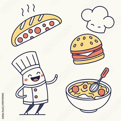 A whimsical illustration depicts various food items and a cheerful chef creating a playful culinary scene high quality professional
