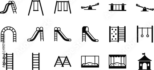Black and white of various playground equipment including slides, swings, climbing frames, and play structures
