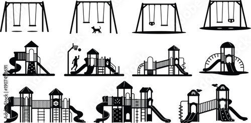Black and white of various playground equipment including swings slides climbing structures and children playing