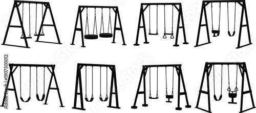 Black and white playground swings with various seating arrangements on metal frames