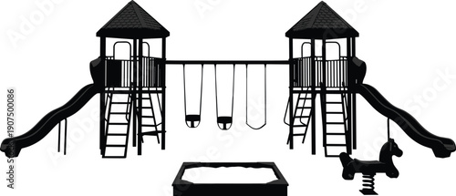 Black playground structure with slides towers swings and sandbox in a park setting