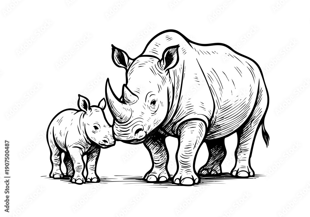 Fototapeta premium Rhino hand drawn simple sketch vector illustration