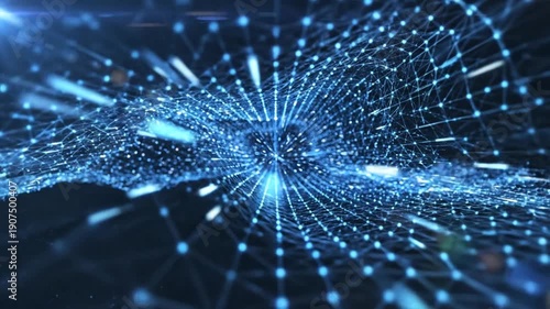 A dynamic, digital network of connected nodes and lines, emitting streams of light in blue hue
