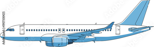 Blue and white airplane with two engines and a T tail in a side view