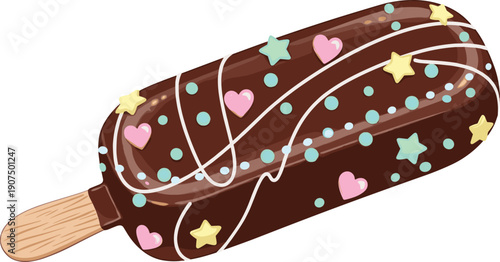 Colorful chocolate bar with hearts and stars on a wooden stick brown white pink