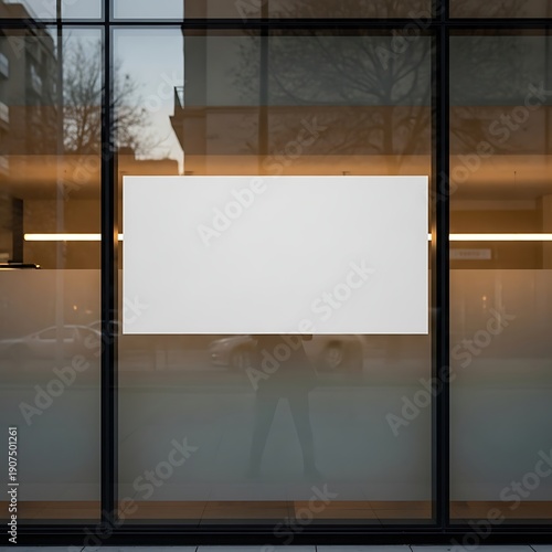 Blank rectangular window decal mockup applied to modern cafe storefront glass.