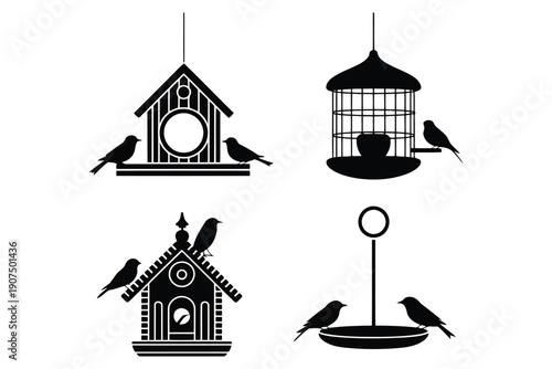 Black and white silhouette of four bird feeders with perched birds
