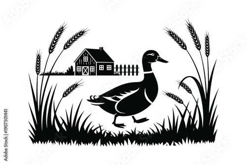 Black and white silhouette of a duck standing in grass with a barn and wheat stalks in background