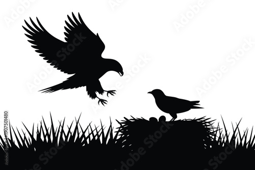 Black silhouette of eagle swooping down toward small bird on nest in grassy field