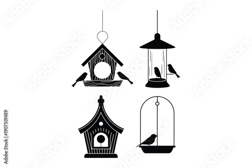 Four black silhouette bird feeders with perched birds in different styles and shapes