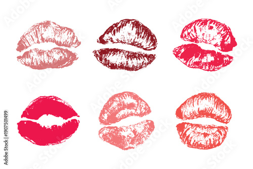 Set of lipstick kiss print Different shapes and colors imprint of lips Red pink female sexy lips makeup Design elements for beauty fashion poster Valentines Day wedding