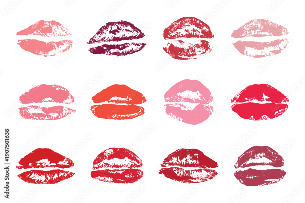 Fototapeta premium Set of lipstick kiss print Different shapes and colors imprint of lips Red pink female sexy lips makeup Design elements for beauty fashion poster Valentines Day wedding