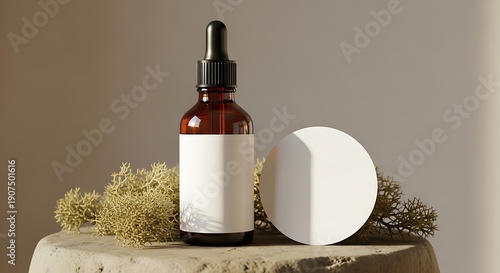 Premium Amber Dropper Bottle Label Mockup on Natural Bohemian Stone Background