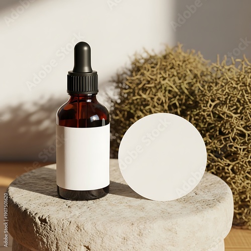 Premium Amber Dropper Bottle Label Mockup on Natural Bohemian Stone Background
