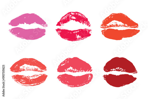 Set of lipstick kiss print Different shapes and colors imprint of lips Red pink female sexy lips makeup Design elements for beauty fashion poster Valentines Day wedding