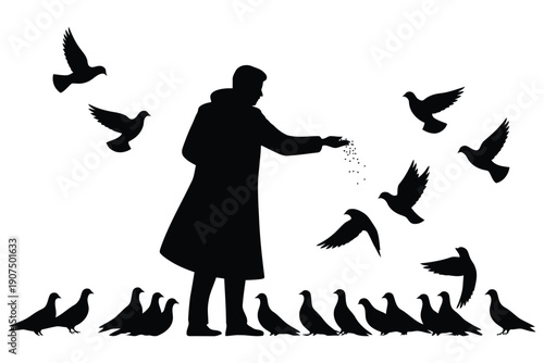 Silhouette of a person in a coat feeding birds with scattered seeds and flying pigeons