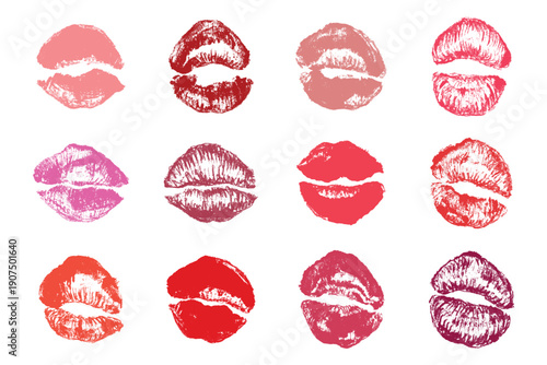 Set of lipstick kiss print Different shapes and colors imprint of lips Red pink female sexy lips makeup Design elements for beauty fashion poster Valentines Day wedding