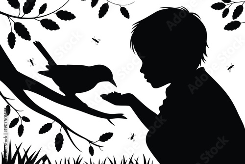 Silhouette of child feeding a bird on a tree branch with insects flying around in black and white