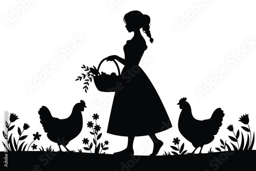 Silhouette of woman with basket and chickens in garden scene black and white