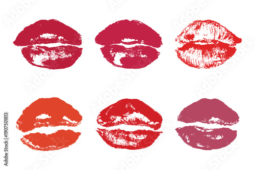 Set of lipstick kiss print Different shapes and colors imprint of lips Red pink female sexy lips makeup Design elements for beauty fashion poster Valentines Day wedding