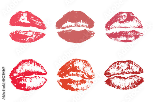 Set of lipstick kiss print Different shapes and colors imprint of lips Red pink female sexy lips makeup Design elements for beauty fashion poster Valentines Day wedding