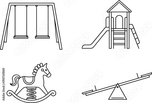 Four Children Playground Equipment Including Swings Slide Rocking Horse and Seesaw in Black and White Line