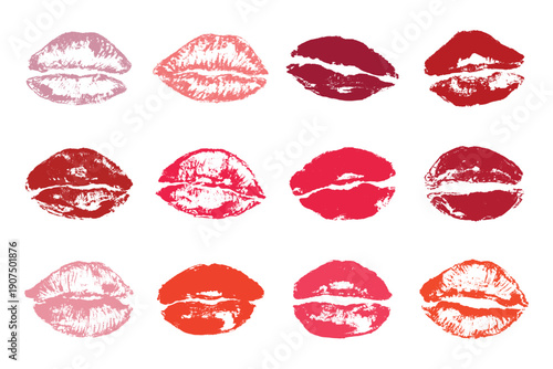 Set of lipstick kiss print Different shapes and colors imprint of lips Red pink female sexy lips makeup Design elements for beauty fashion poster Valentines Day wedding