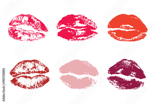 Set of lipstick kiss print Different shapes and colors imprint of lips Red pink female sexy lips makeup Design elements for beauty fashion poster Valentines Day wedding