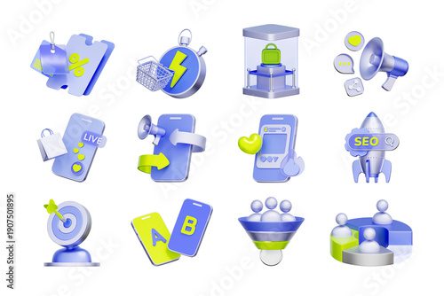 3D icon set of digital marketing and SEO strategy including viral megaphone alerts, startup SEO rockets, target audience funnel, and live streaming engagement tools.