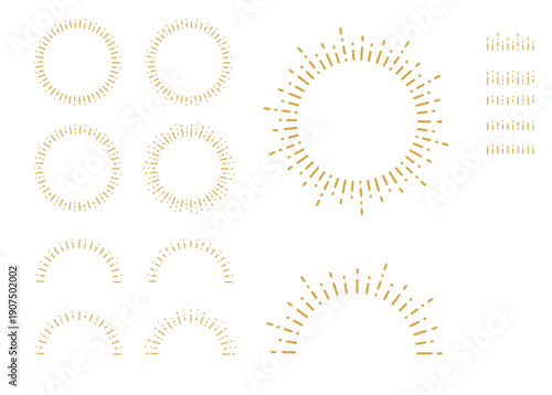 黄金色の手書き風放射線・サンバースト装飾デザインセット。円形や半円の集中線、キラキラ輝く光の表現、タイトル強調や見出し装飾に最適なベクター素材。お祝い、セール、記念日、バナーや広告、パッケージデザインを華やかに彩る高品質イラスト。