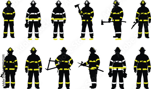 Black firefighter silhouettes collection with yellow reflective safety stripes, fireman protective gear icons set with equipment and tools for emergency rescue design projects
