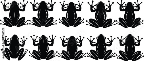 Black frog silhouettes collection, tropical tree frog icons set, amphibian wildlife symbols, isolated vector illustration for nature conservation and environmental education design projects